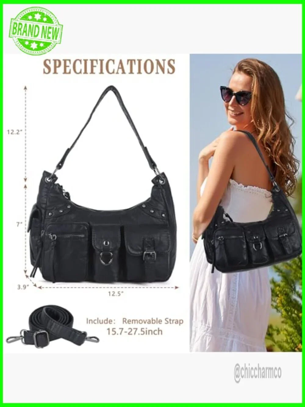 Vegan Leather Hobo Bag with Removable Strap, Multi-Pocket Shoulder Tote